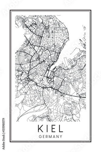 Hand drawn printable downtown road map poster of the German city of KIEL on solid white background with city name