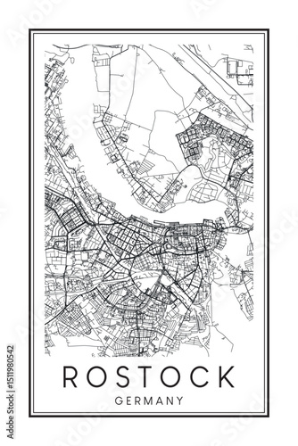 Hand drawn printable downtown road map poster of the German city of ROSTOCK on solid white background with city name