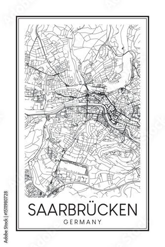 Hand drawn printable downtown road map poster of the German city of SAARBRÜCKEN on solid white background with city name