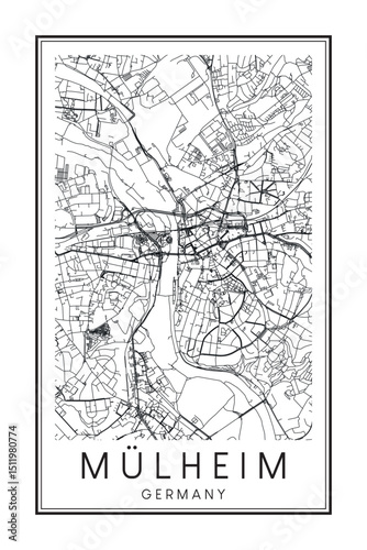 Hand drawn printable downtown road map poster of the German city of MÜLHEIM on solid white background with city name