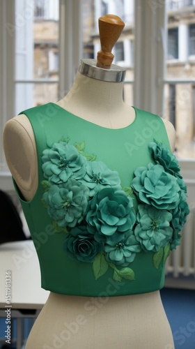 Green dress bodice with floral applique on mannequin in fashion studio