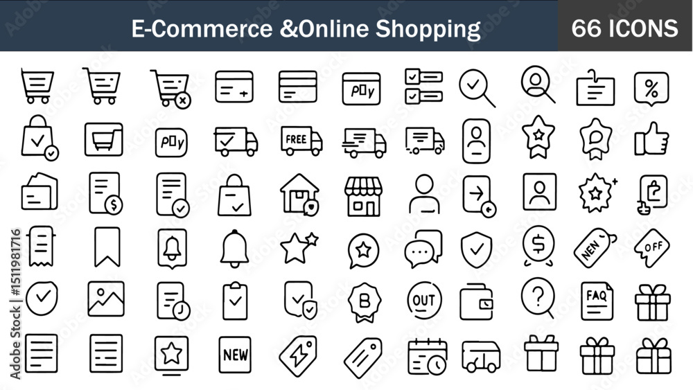 Fototapeta premium Online Shopping Icons Bundle – 66 Essential E-Commerce, Cart, Checkout, Payment, Delivery & Store Line Icons for UI UX Design, Websites, and Mobile Apps