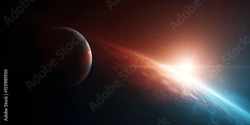 Planetary Sunrise Over a Distant World with a Companion Planet in Deep Space