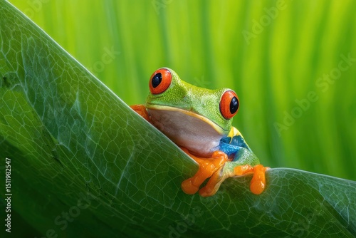Red Eyed Tree Frog Perched on a Vibrant Green Leaf in a Tropical Rainforest Environment
