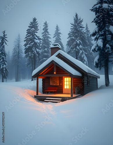 Blizzard burying a remote cabin with warm light glowing from within