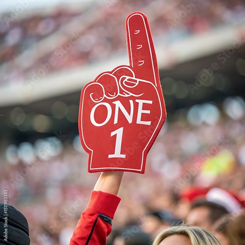 A person holding a red foam finger with the word one and the number one in a stadium crowd scene