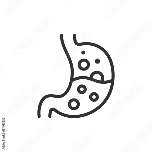 Stomach with excessive acid, linear icon. Hyperacidity, discomfort, or reflux. Line with editable stroke.