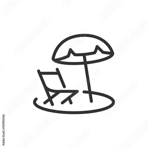 Beach umbrella and lounge chair, linear icon. Vacation, resort, or summer holiday. Line with editable stroke.