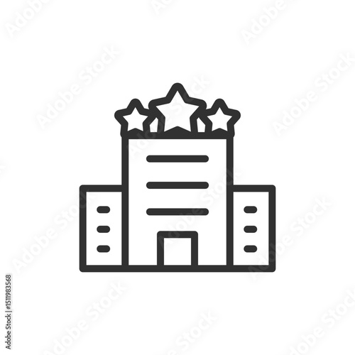 Hotel building with stars, linear icon. Accommodation, hospitality, or travel lodging. Line with editable stroke.