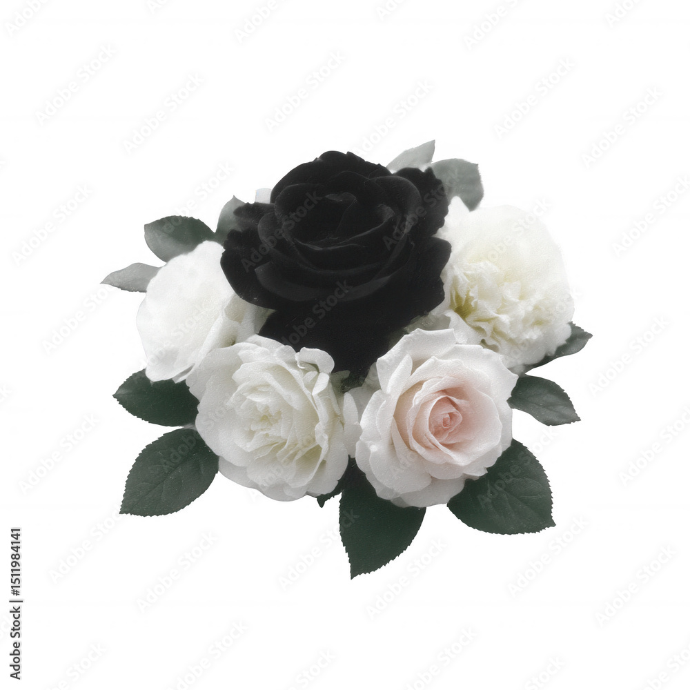 Fototapeta premium A beautiful arrangement of roses in shades of black, white, and soft pink, surrounded by green leaves on a white isolated background.