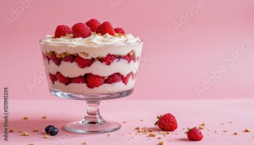 Delicious Layered Trifle Dessert with Raspberries and Cream in a Glass Bowl on Pink Background