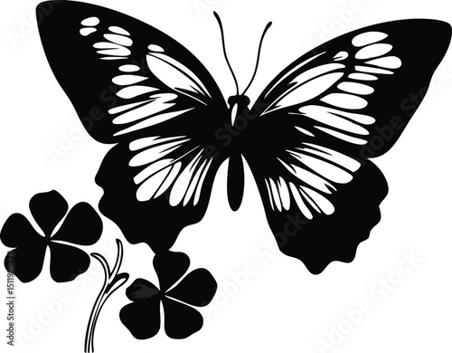 Elegant Butterfly and Clover Silhouette Design for Creative Projects Symbol of Nature Beauty and Good Luck in Black and White