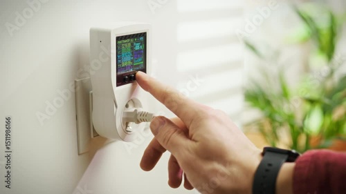 A person is interacting with a smart home device mounted on the wall in a contemporary living space. The action takes place during daylight, showcasing a blend of technology and comfort