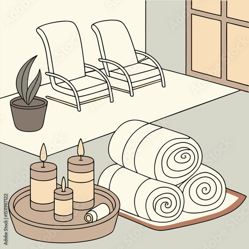 Spa day scene with candles, towels, and skincare