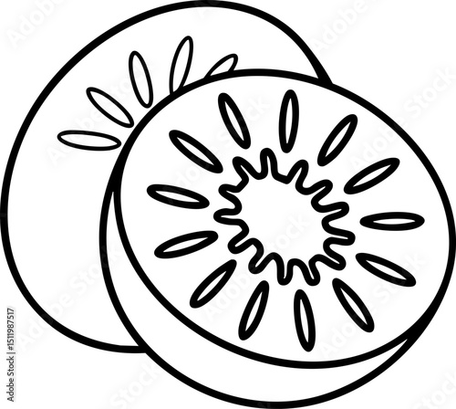 Sliced Kiwi Fruit Illustration with Detailed Patterns and Textures in Black and White