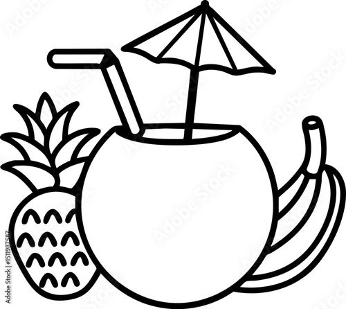 Tropical Drink with Straw and Umbrella Alongside Pineapple and Banana Illustration