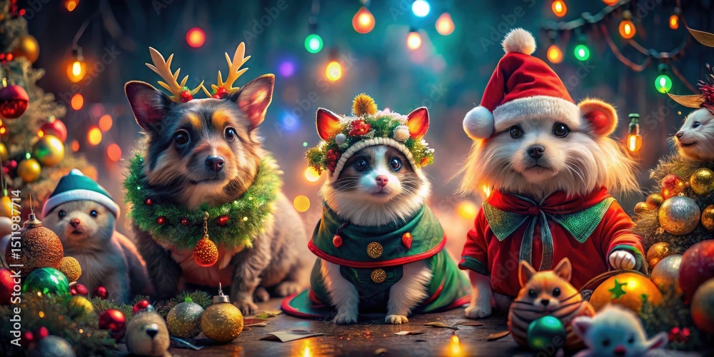 Fototapeta premium Enchanting Costumed Pets Celebrating Festivities in a Surreal Wonderland of Colors and Whimsy