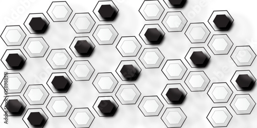 An abstract geometric background featuring a grid of white hexagons with light gray outlines and soft shadows, interspersed with several solid black hexagons, creating a visually dynamic.