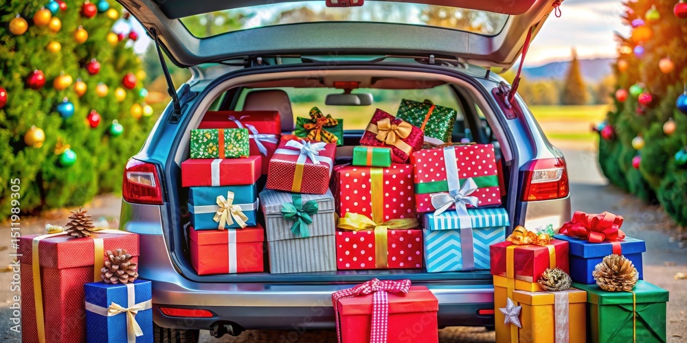 Obraz premium Holiday Shopping Surprise: Car Trunk Full of Colorful Gift Boxes and Ribbons for Festive Celebration and Joyful Gifting Experience