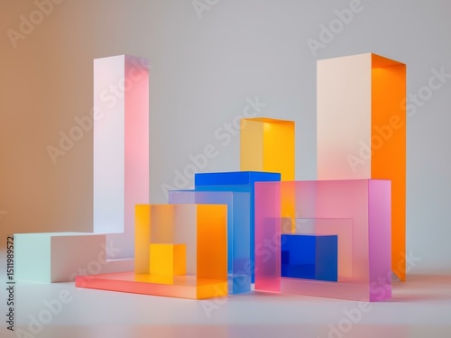 Abstract Composition of Colorful Transparent Cubes and Rectangular Prisms. photo