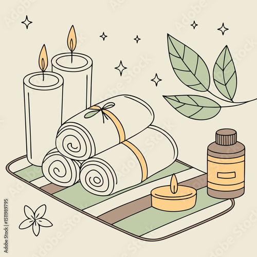 Spa day scene with candles, towels, and skincare
