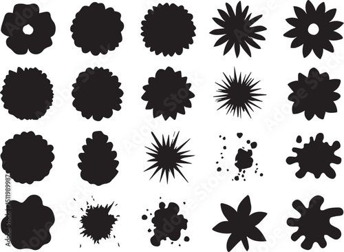 Set of black ink blot vector patterns with colorful floral designs