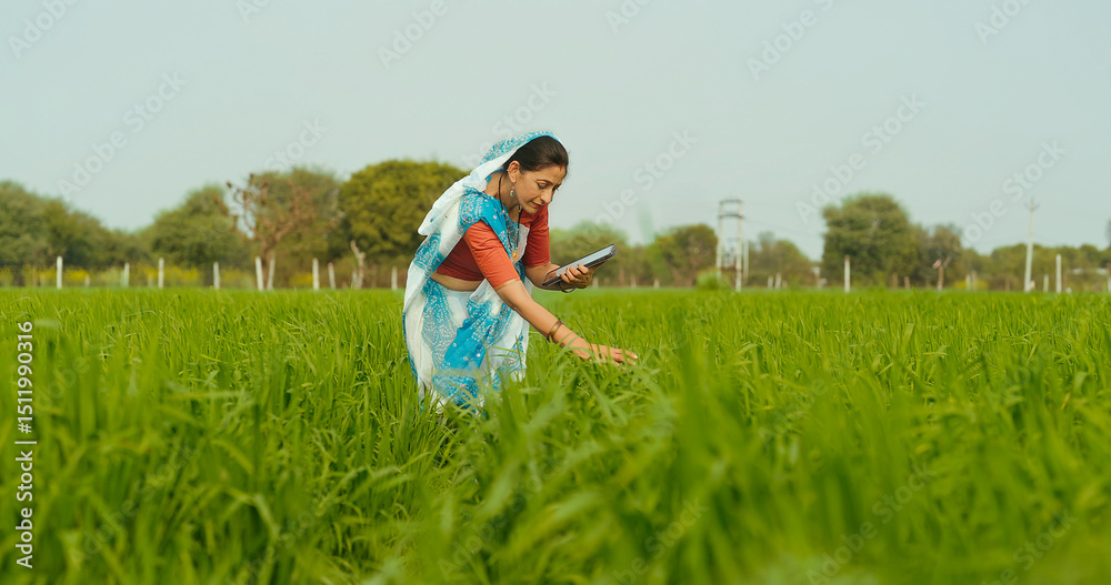 Indian gen x adult farmer woman lady wear saree standing outdoor farmland holding tab device browsing websit asian smiling female use calculate data yield outside rural area desi life Indian gen x adult farmer woman lady wear saree standing outdoor farmland holding tab device browsing websit asian smiling female use calculate data yield outside rural area desi life