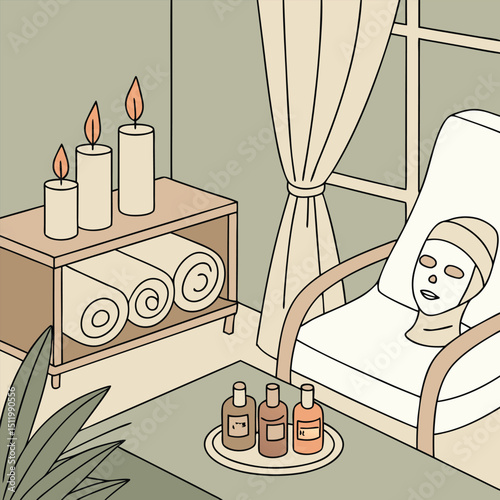 Spa day scene with candles, towels, and skincare