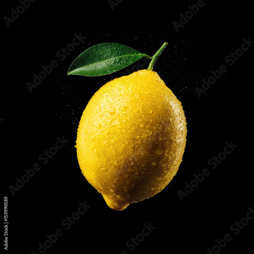 Lemon with fresh droplets in dark background