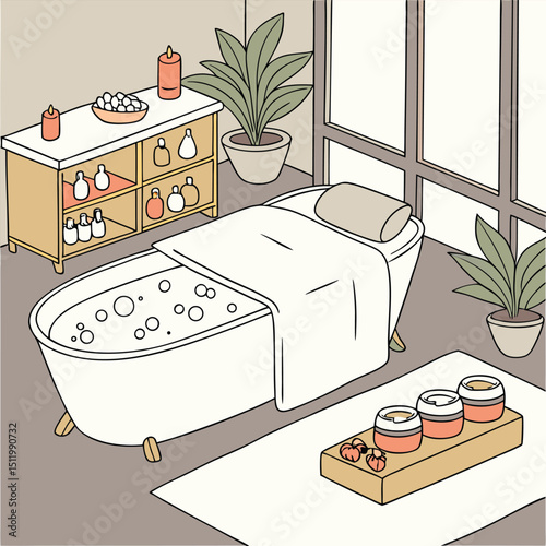 Spa day scene with candles, towels, and skincare