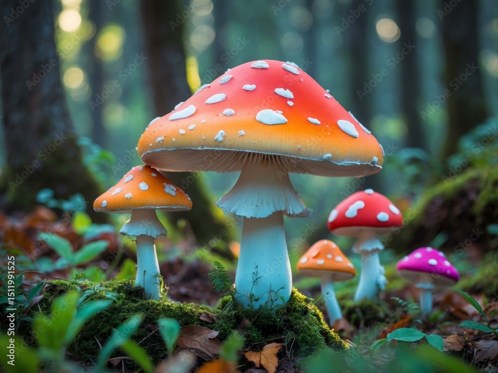 Fototapeta premium Enchanted Forest. A Whimsical Gathering of Colorful Fly Agaric Mushrooms, A Fairy Tale Scene