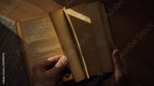 A person is turning the pages of a vintage book, focusing on the text. Soft sunlight filters through the window, adding warmth to the quiet atmosphere