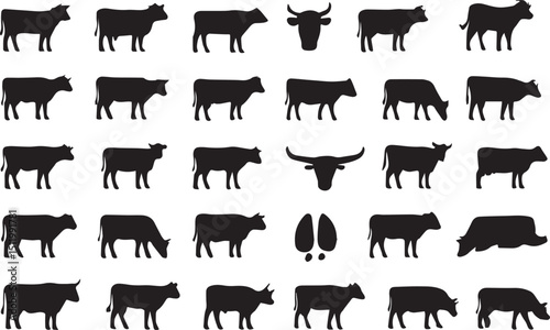 Cow Silhouette Vector Set – Diverse Cattle Breeds, Bulls and Cows for Farm Logos and Ranch Design