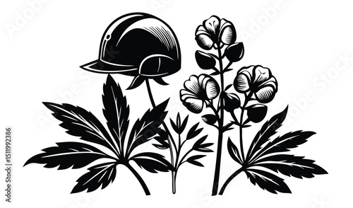 Hard hat and lupine flowers black and white illustration