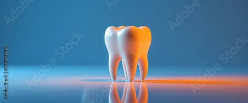 Luminous Tooth Illustration Displayed on a Reflective Surface with Blue Background.