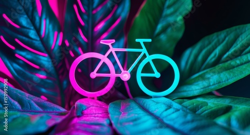 Neon Bicycle Amidst Tropical Foliage. A Modern Take on EcoFriendly Transport