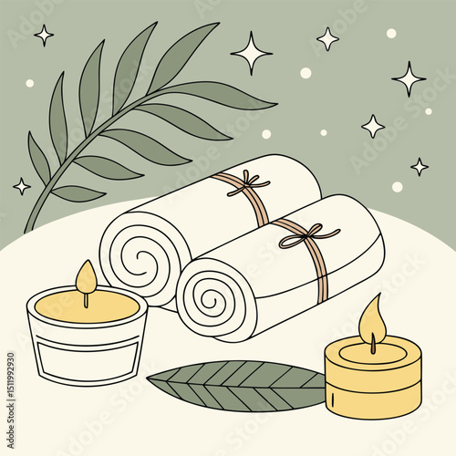 Spa day scene with candles, towels, and skincare