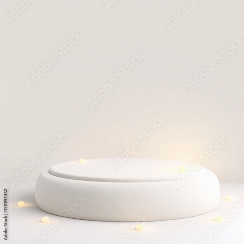 Modern white podium glowing with faint neon lights over a light pastel gradient background