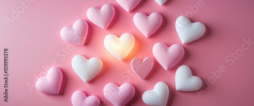 Pink and White Heart Arrangement on Pink Background, Valentines Day Concept.