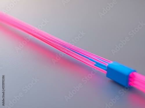 Pink and Blue Neon Cables Connected with a Blue Connector on a Grey Surface.