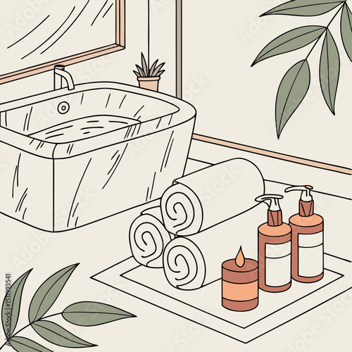 Spa day scene with candles, towels, and skincare