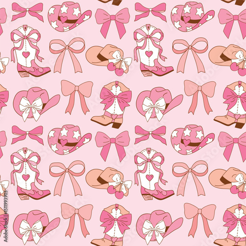 Seamless vector pattern with western cowgirl boots and bows. Hand drawn girly rodeo background. EPS 10 vector file. Perfect for textile, wallpaper or nursery print design.