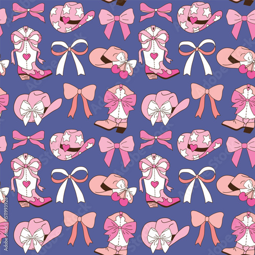 Seamless vector pattern with western cowgirl boots and bows. Hand drawn girly rodeo background. EPS 10 vector file. Perfect for textile, wallpaper or nursery print design.