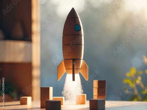 Wooden Toy Rocket Launching from a Stack of Blocks, Symbolizing Creativity and Ambition.