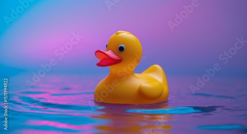 Yellow Rubber Duck Bathed in Vibrant Colors A Nostalgic Icon Floating on Water.