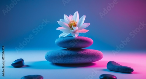 Zen Still Life. Lotus Blossom Balanced on Stacked Stones in Neon Lighting Ambiance.