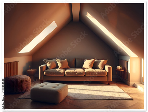 Grey attic living room interior with a sofa
