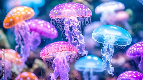 Colorful translucent jellyfish swimming gracefully in the deep blue water