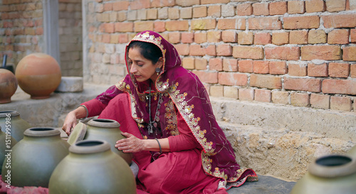 Indian village woman wear traditional saree sitting outdoor make hand made potters finishing touches clay pots asian gen x female learn handcraft create sculptor pottery mud product outside
