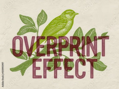 Vintage overprint effect illustration with bird and leaves on textured surface